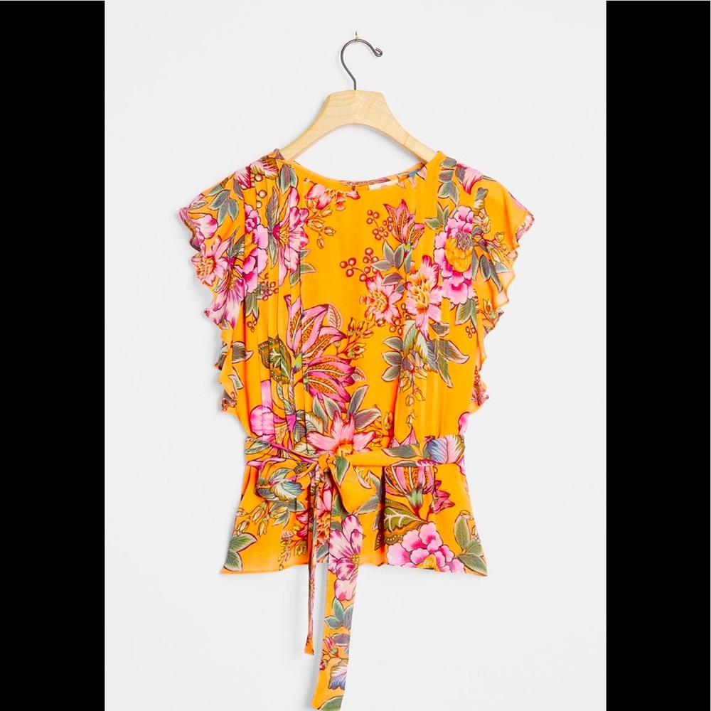 Anthropologie Yellow Floral Tie-Waist Blouse